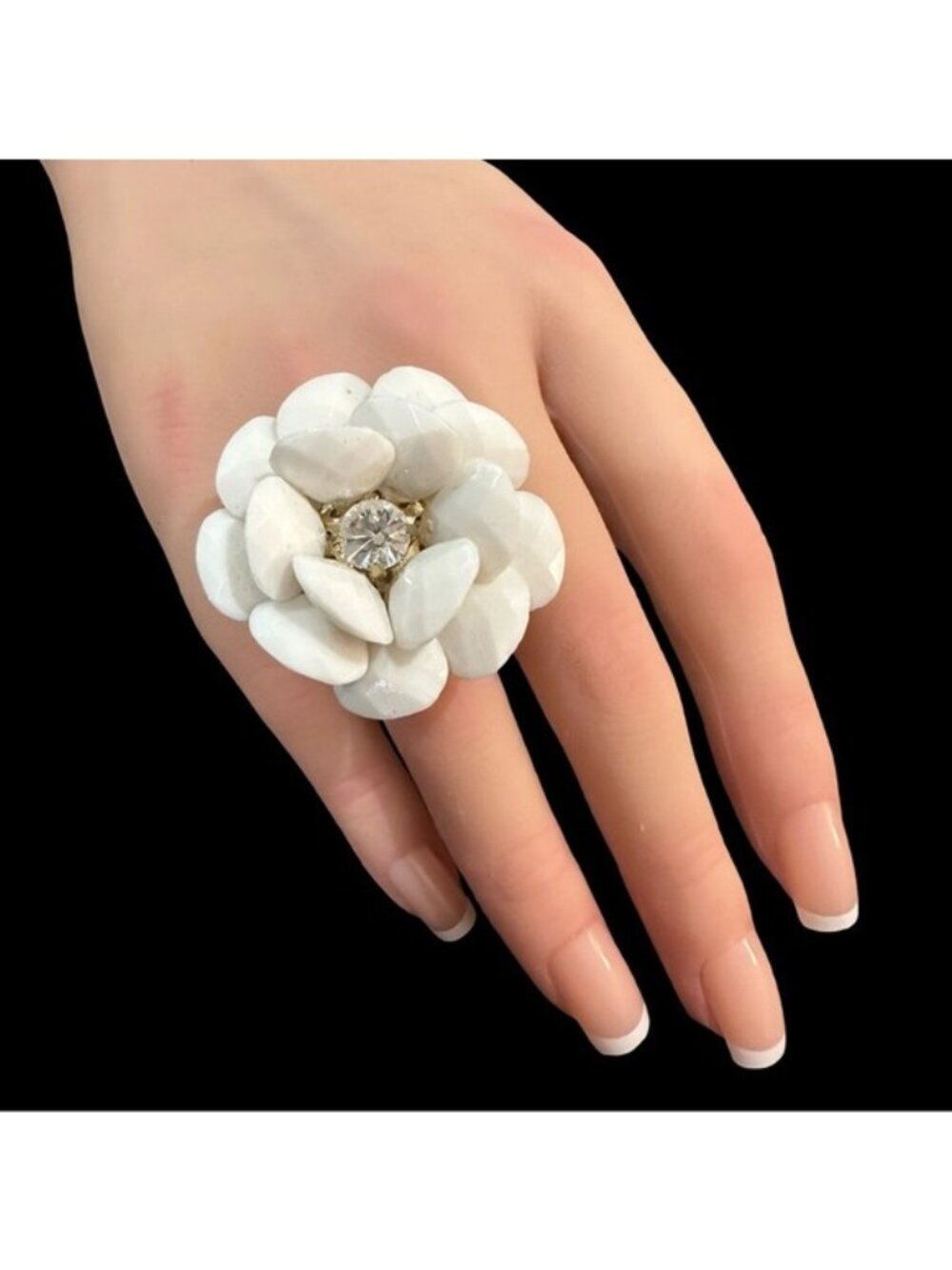 Traci Lynn White Petal Ring with Crystal Accent May 2014 BC Ring NWT Flower Wome